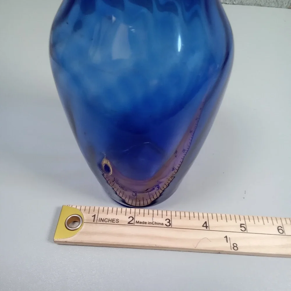 Cobalt Blue‎ Hand Blown Art Glass Vase Optic Swirl Flared Rim 8 Inch Bud Vase